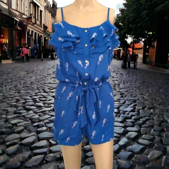 Seahorse Print Romper L Blue One Piece Ruffles Flowy Drawstring Tied Waist - Picture 10 of 16